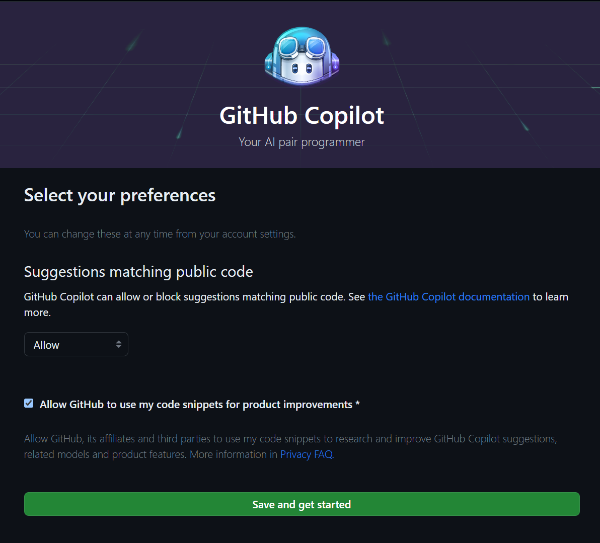 Github copilot preferences selection