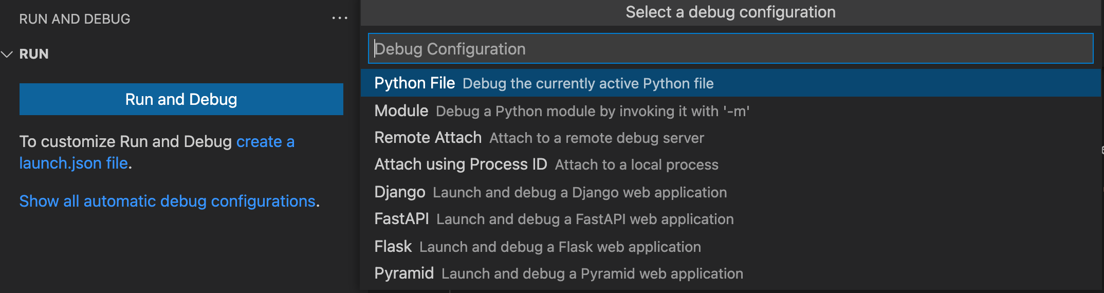 Select debug configuration