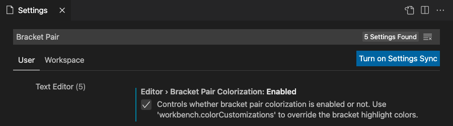 VS Code Bracket Pair Colorizer setting