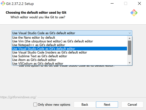 gitforwindows installer choose VS Code as default editor