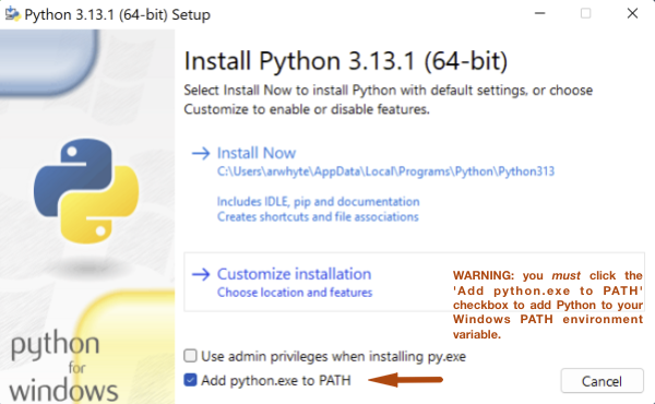 Windows Python install click add Path