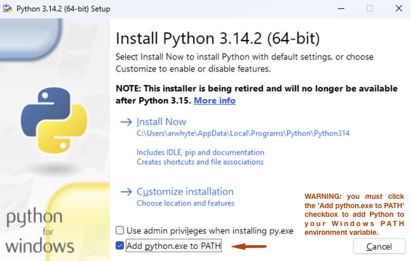 Windows Python install click add Path