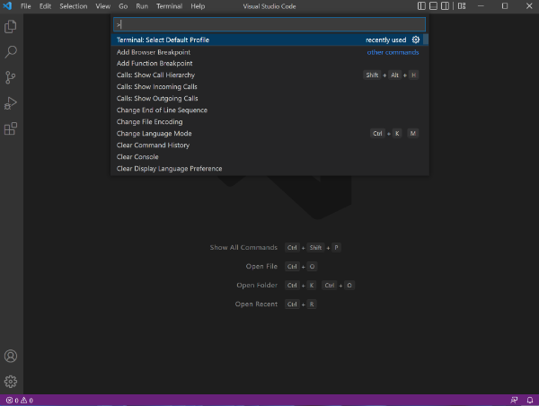 VS Code command search default terminal