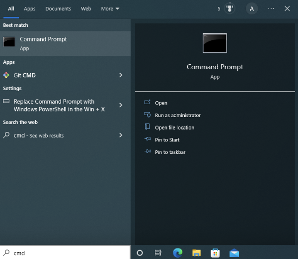 Windows 10 search for Command Prompt