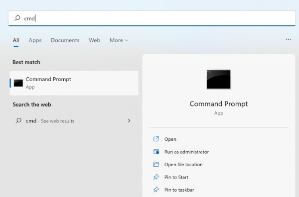 Windows 11 search for Command Prompt